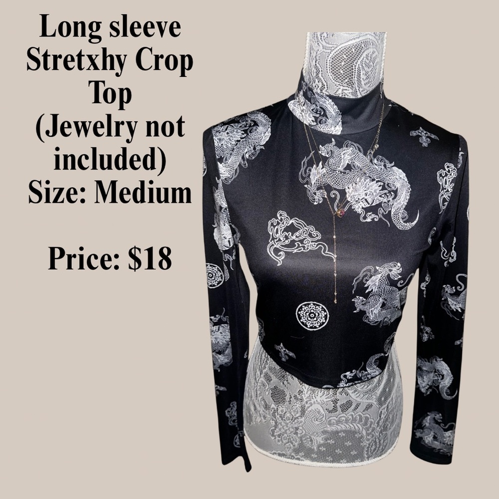 Black Dragon Print Long Sleeve Crop Top